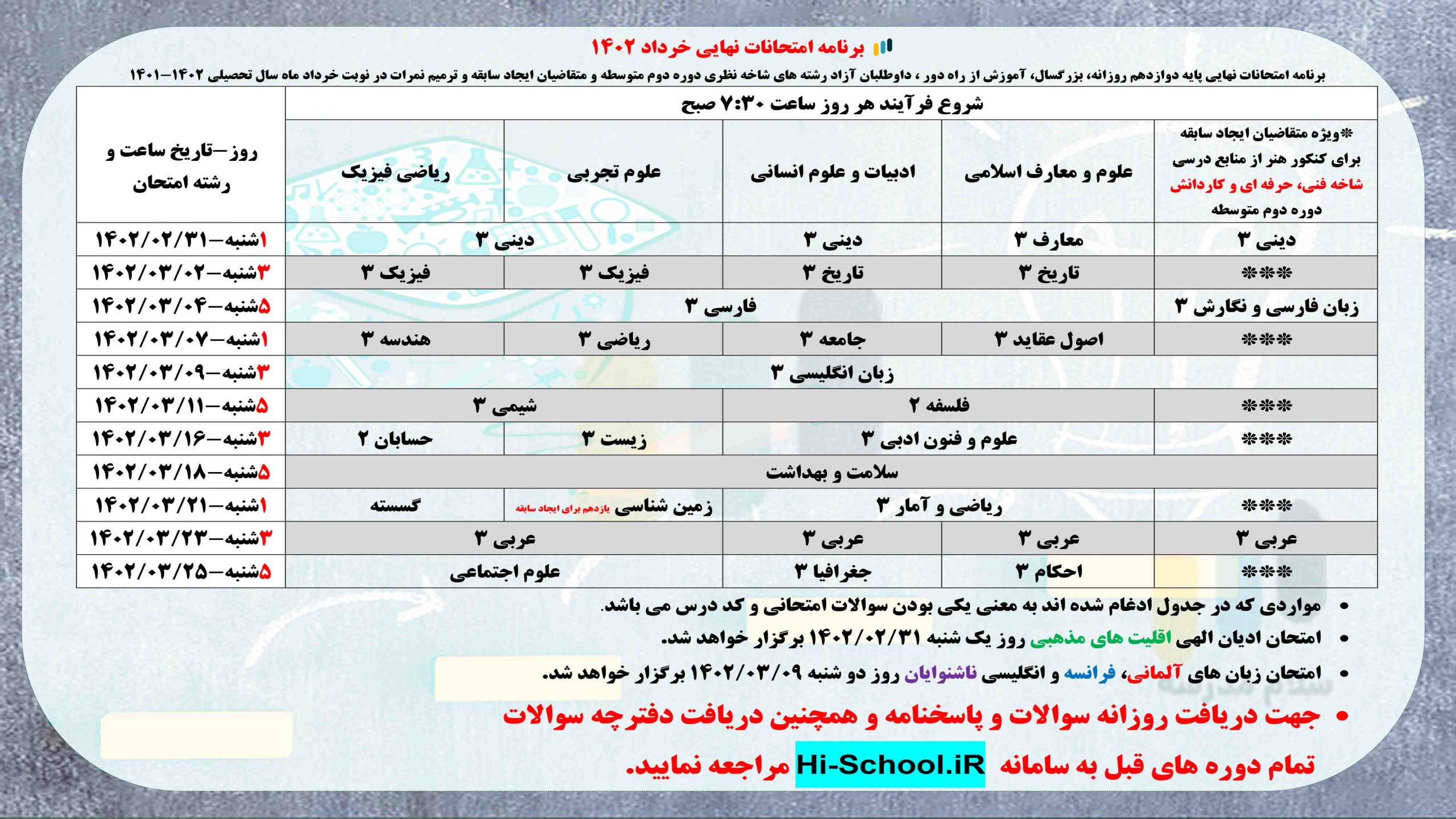 برنامه امتحانات نهایی خرداد ۱۴۰۲